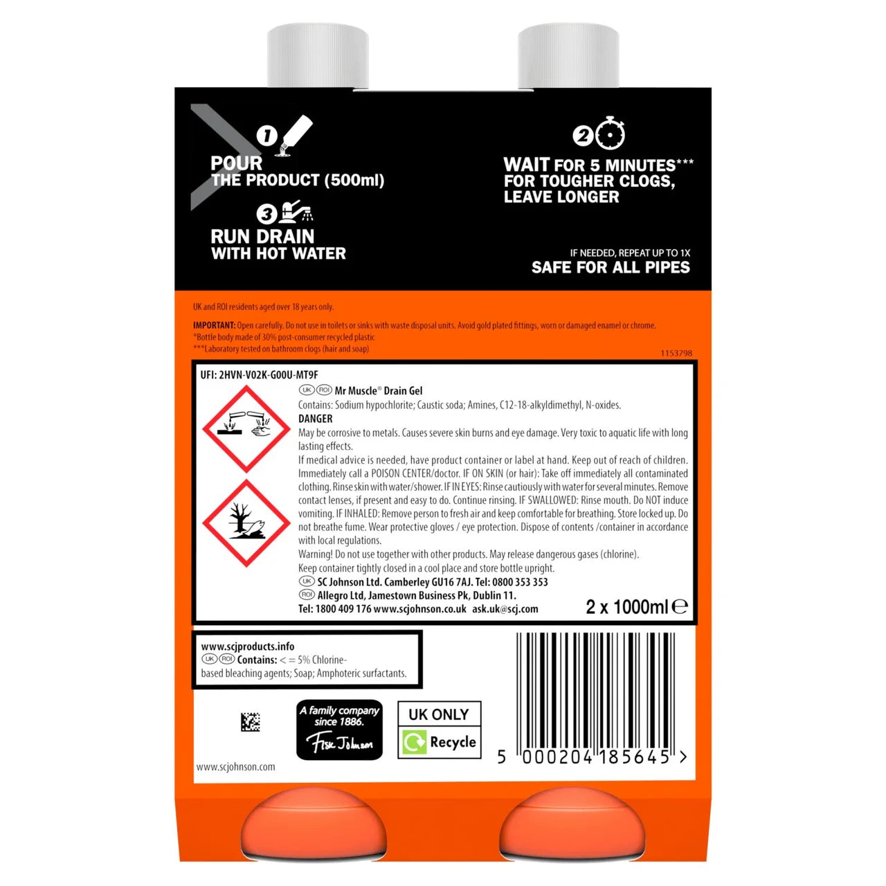 Mr Muscle Power Gel Drain & Sink Unblocker Twin Pack 2 x 1L