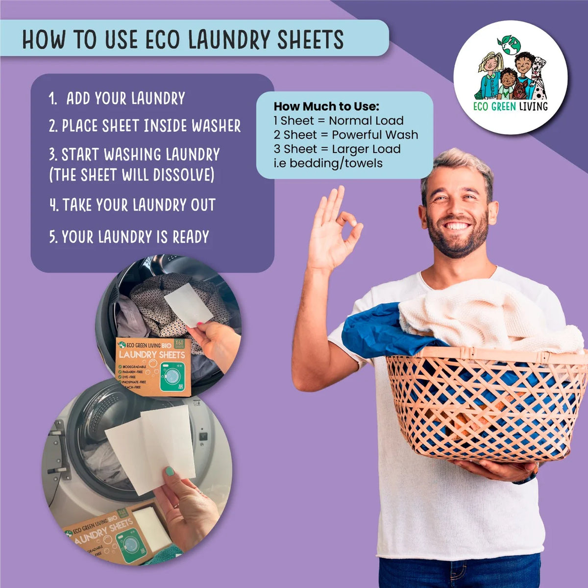 Eco Green Living Non-Bio Laundry Sheet Lavender 60 per pack