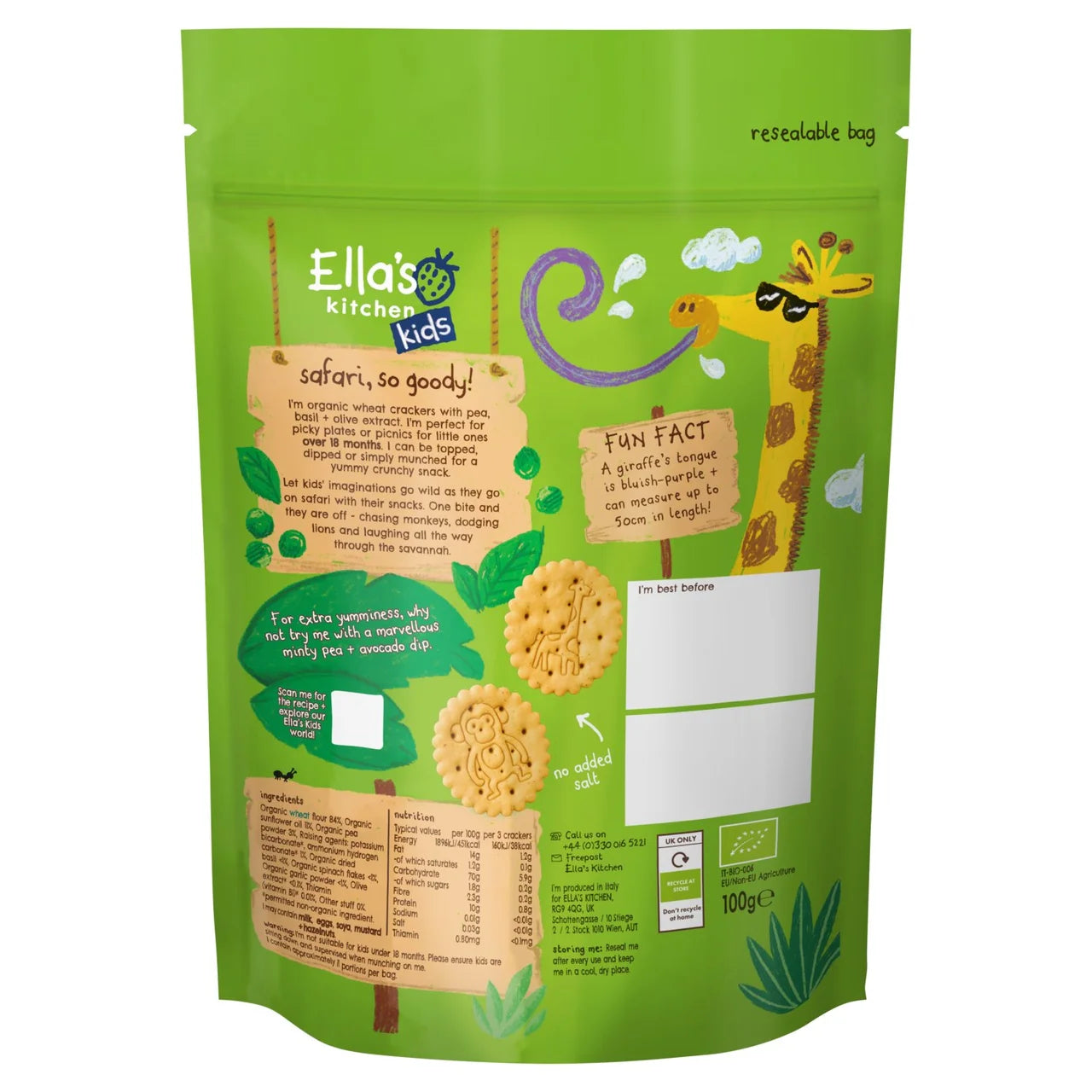 Ella's Kitchen Organic Safari Crackers Pea & Basil 18+ Months 100g