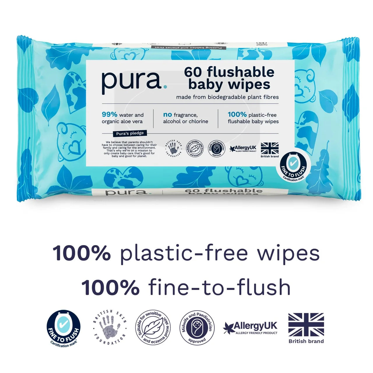 Pura Plastic Free Flushable Baby Wipes 12 x 60pk
