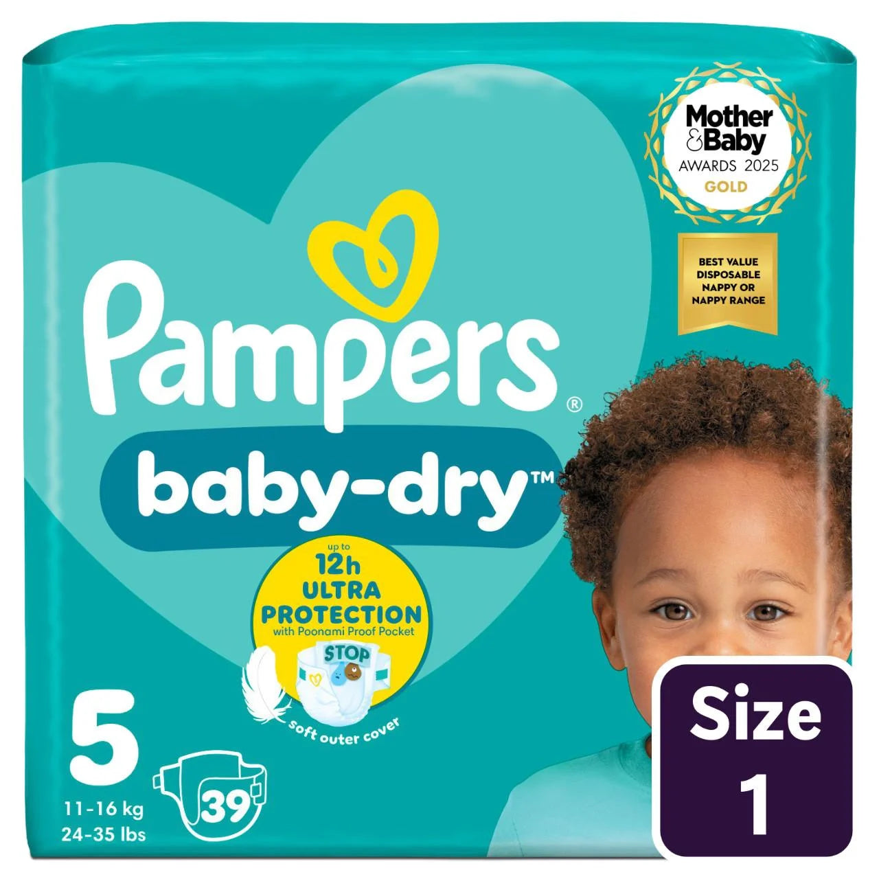 Pampers Baby-Dry Nappies, Size 5 (11-16kg) Essential 39 per Pack