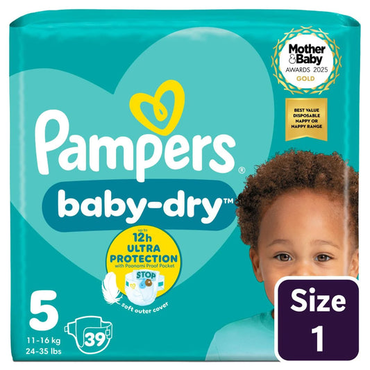 Pampers Baby-Dry Nappies, Size 5 (11-16kg) Essential 39 per Pack