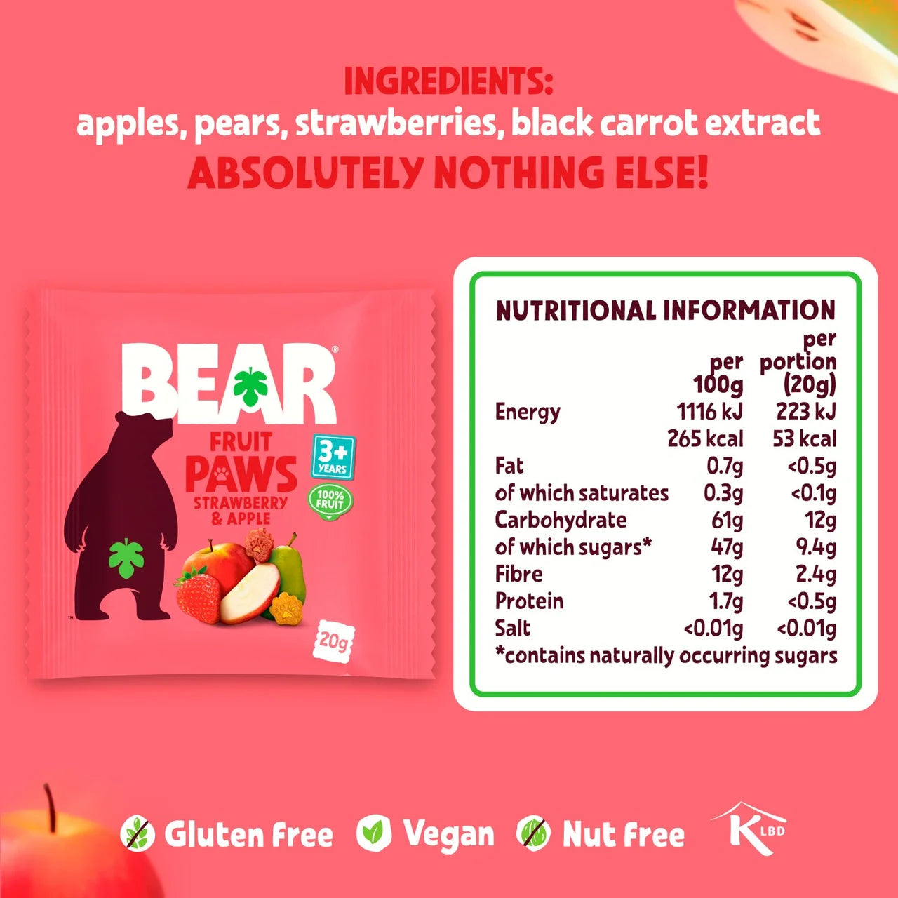 BEAR Strawberry & Apple Fruit Paws Kids Snack Multipack 5 x 20g