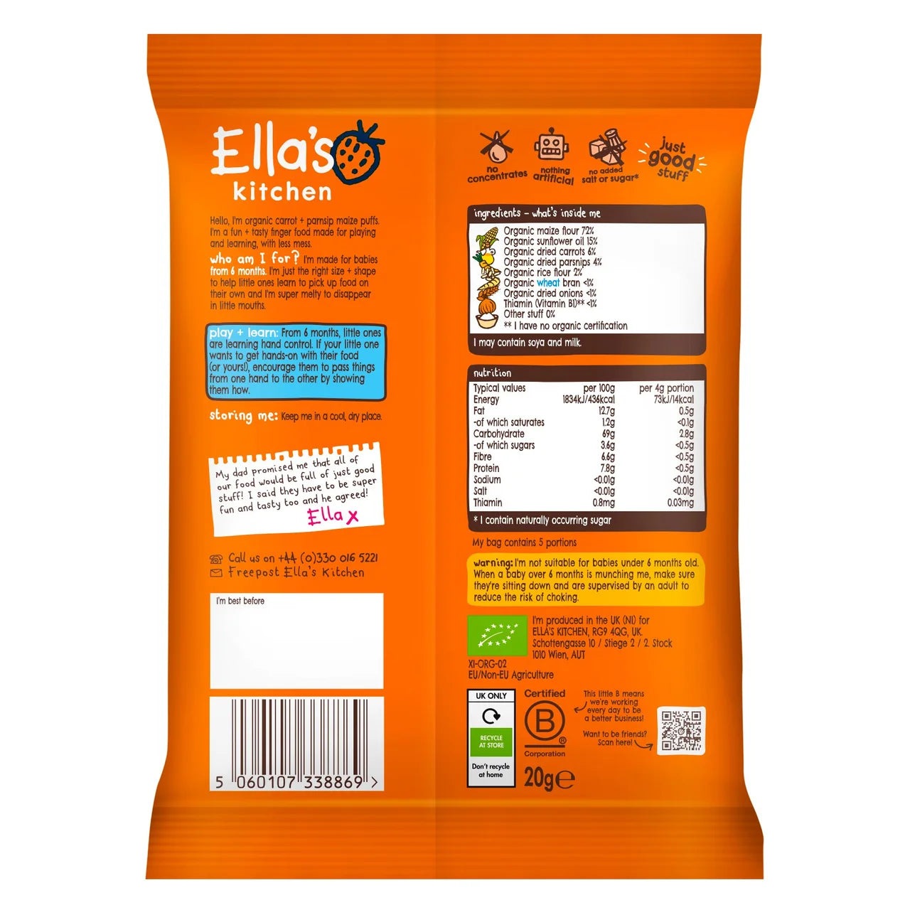 Ella's Kitchen Carrot & Parsnip Melty Puffs Baby Snack 6+ Months 20g
