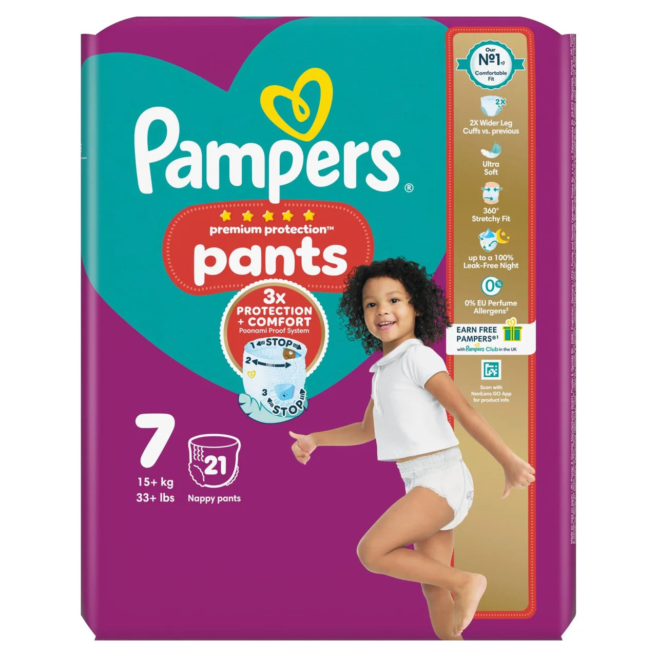 Pampers Premium Protection Nappy Pants, Size 7 Essential 21 per Pack