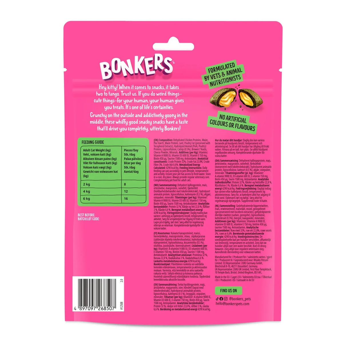 BONKERS Cat Bites Crunchy & Soft Catnip Chick N' Cheddar Flavour Cat Treats 180g