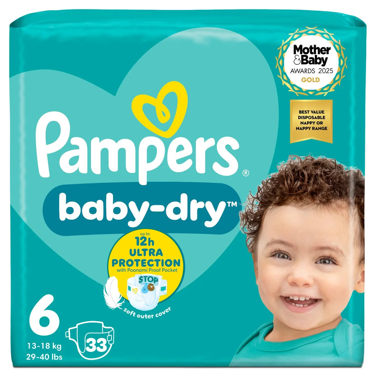 Pampers Baby-Dry Nappies, Size 6 (13-18kg) Essential 33 per Pack