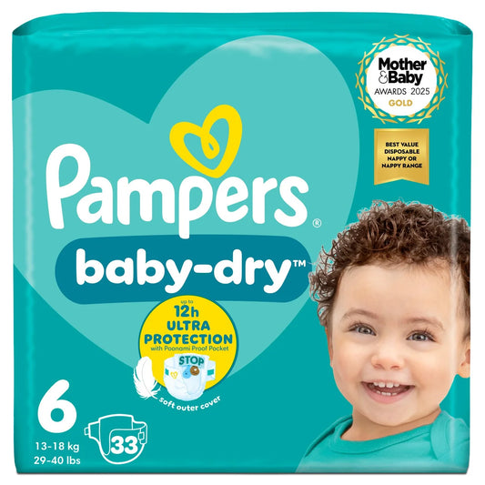 Pampers Baby-Dry Nappies, Size 6 (13-18kg) Essential 33 per Pack