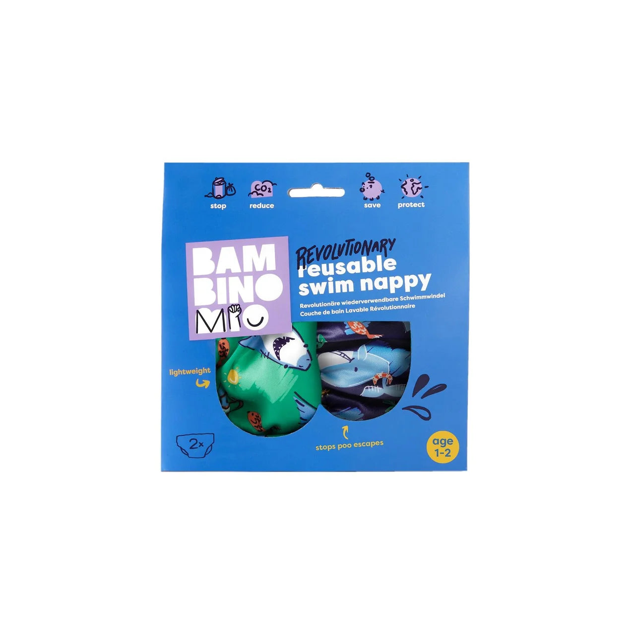 Bambino Mio Reusable Swim Nappy, Squeak & Finn, 1-2 years Size 3-4 , 2 per pack