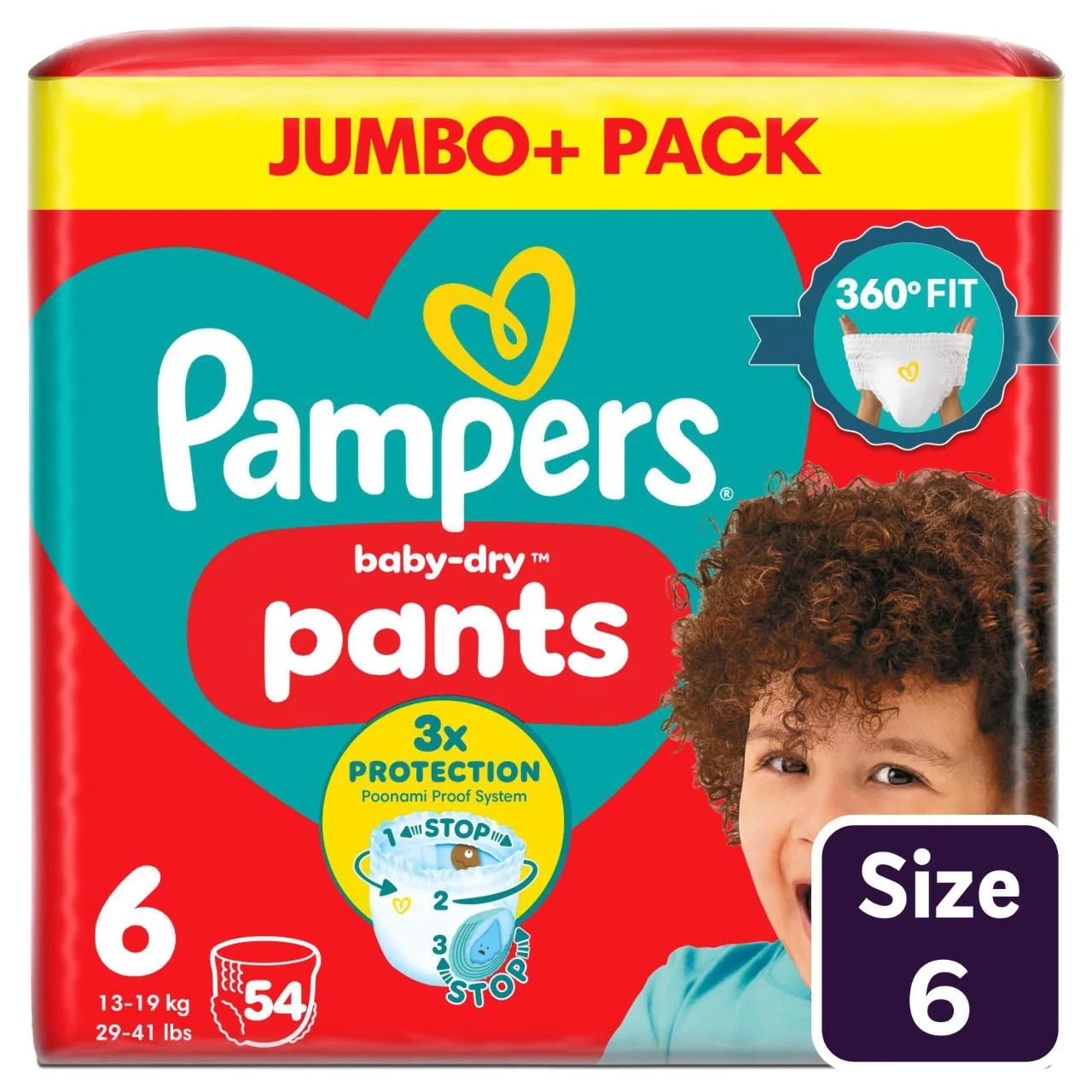 Pampers Baby-Dry Nappy Pants, Size 6 15kg+ Jumbo 54 per Pack