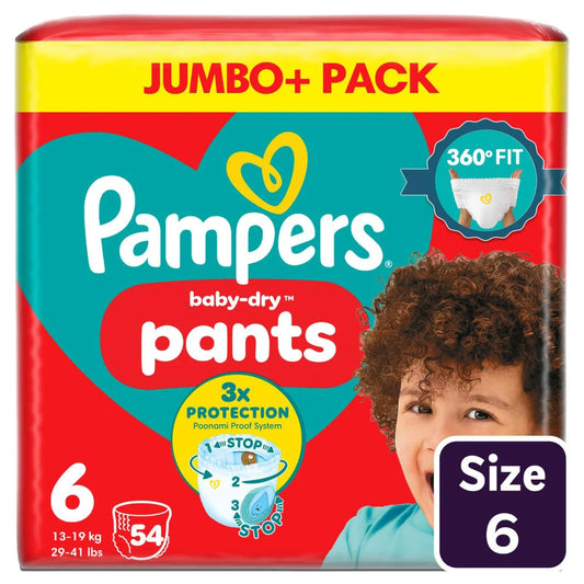 Pampers Baby-Dry Nappy Pants, Size 6 15kg+ Jumbo 54 per Pack