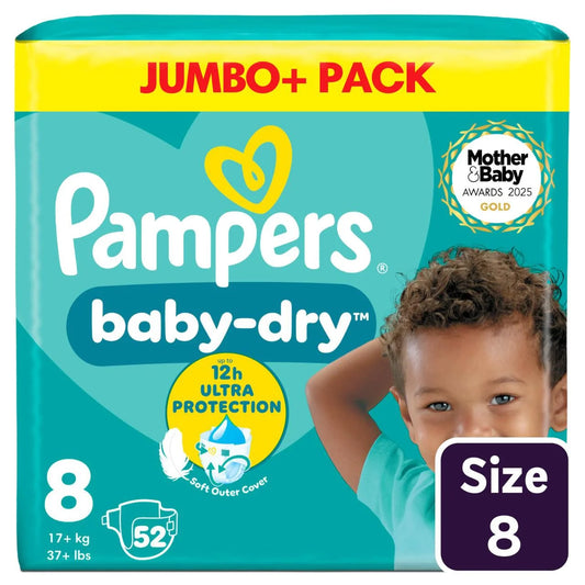 Pampers Baby-Dry Nappies, Size 8 (17kg+) Jumbo+ 52 per Pack