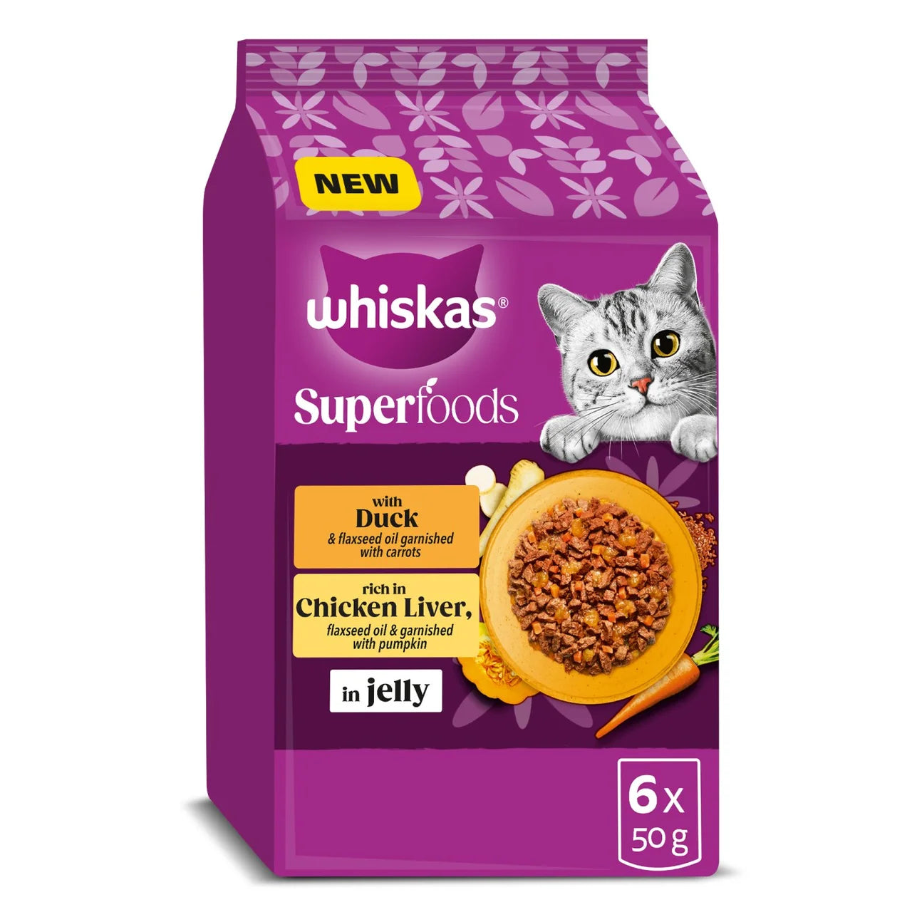 Whiskas 1+ Adult Wet Cat Food Superfoods with Poultry in Jelly 6x50g