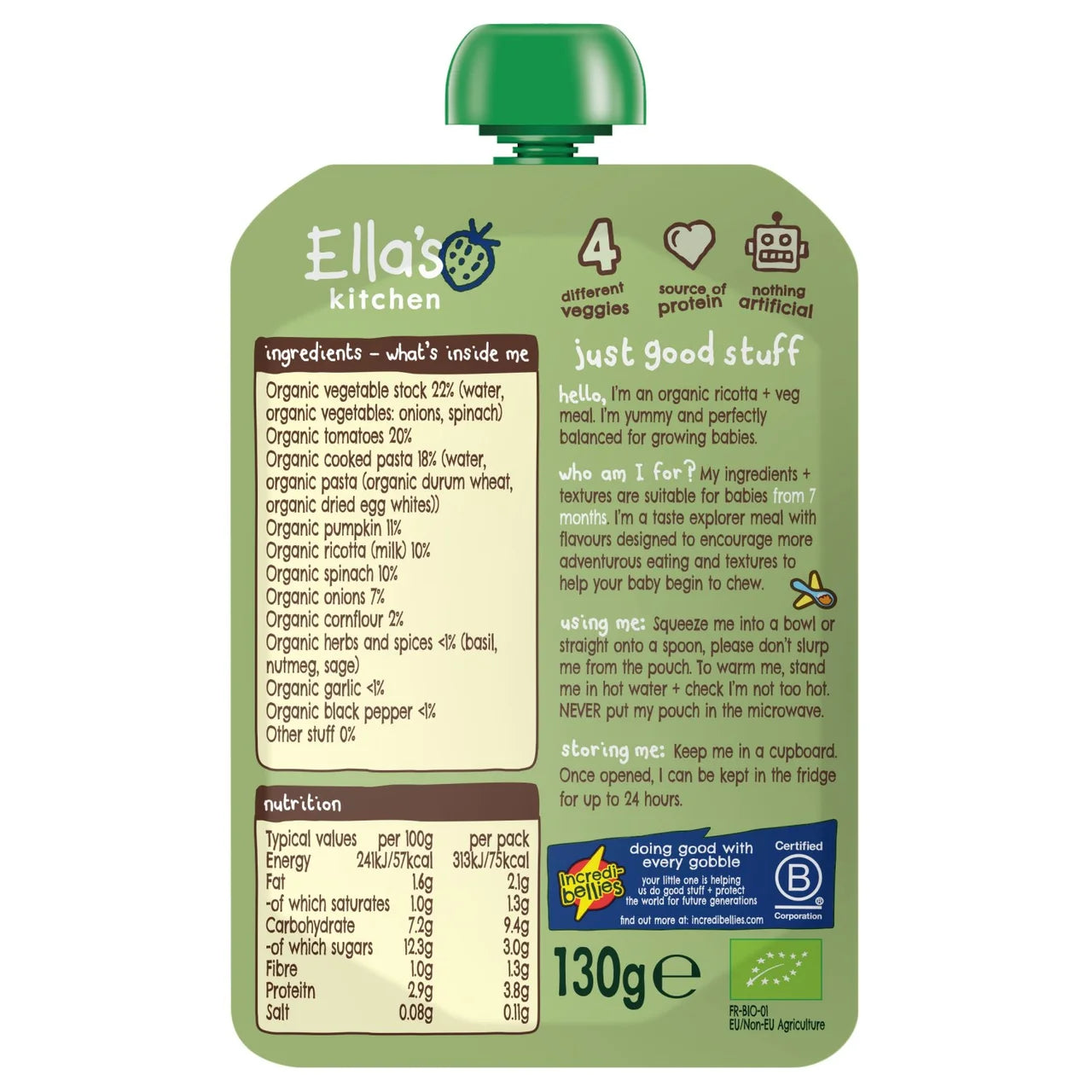 Ella's Kitchen Spinach and Ricotta Ravioli Baby Food Pouch 7+ Months 130g
