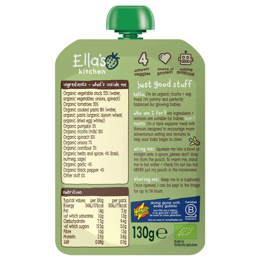 Ella's Kitchen Spinach and Ricotta Ravioli Baby Food Pouch 7+ Months 130g