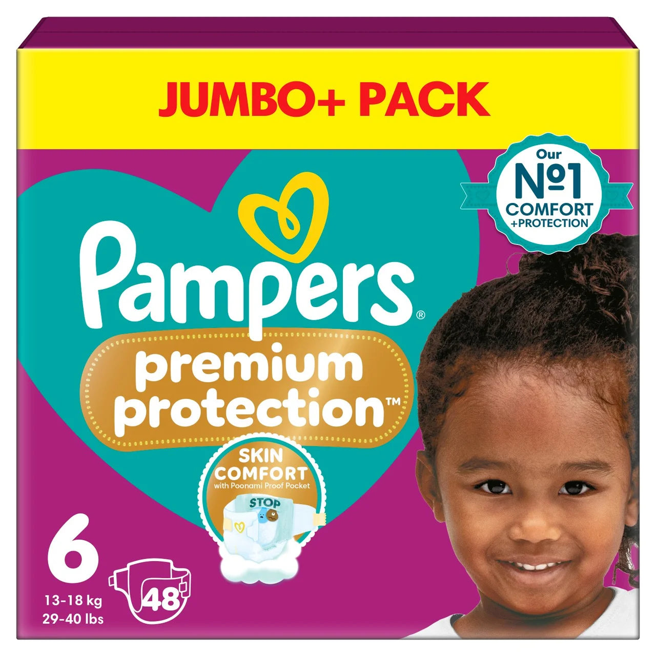 Pampers Premium Protection Nappies, Size 6 (13kg+) Jumbo+ 48 per  Pack