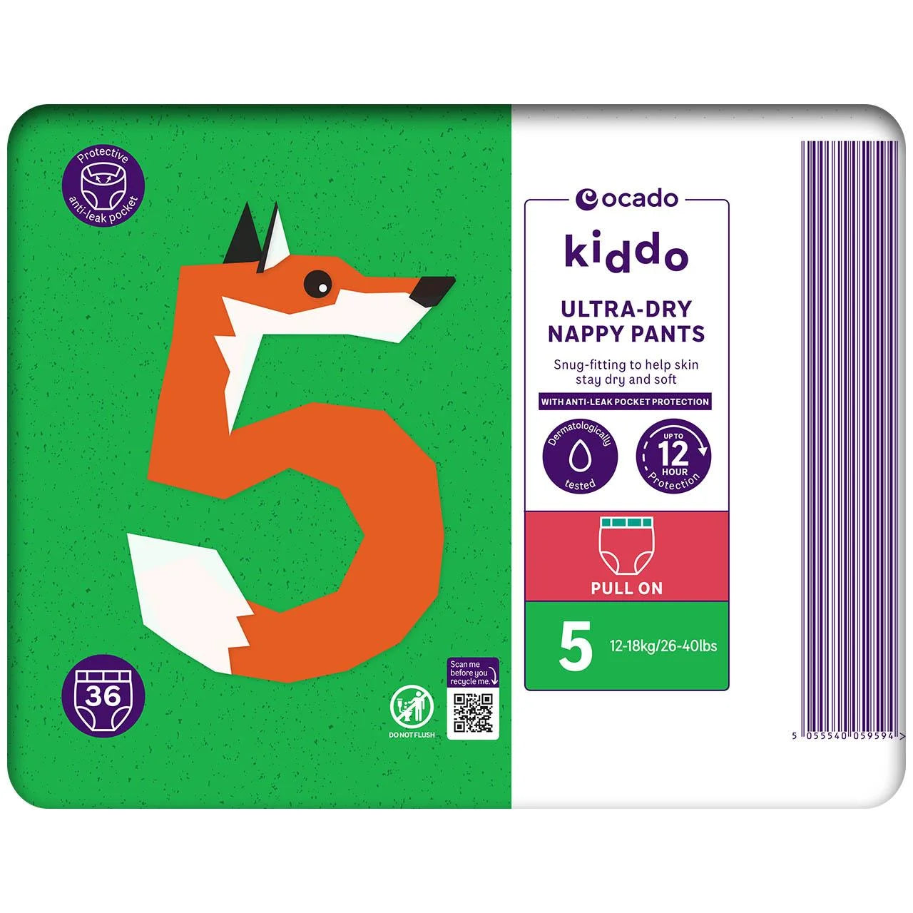 Ocado Kiddo Ultra-Dry Nappy Pants Size 5 (12-18kg) 36 per pack