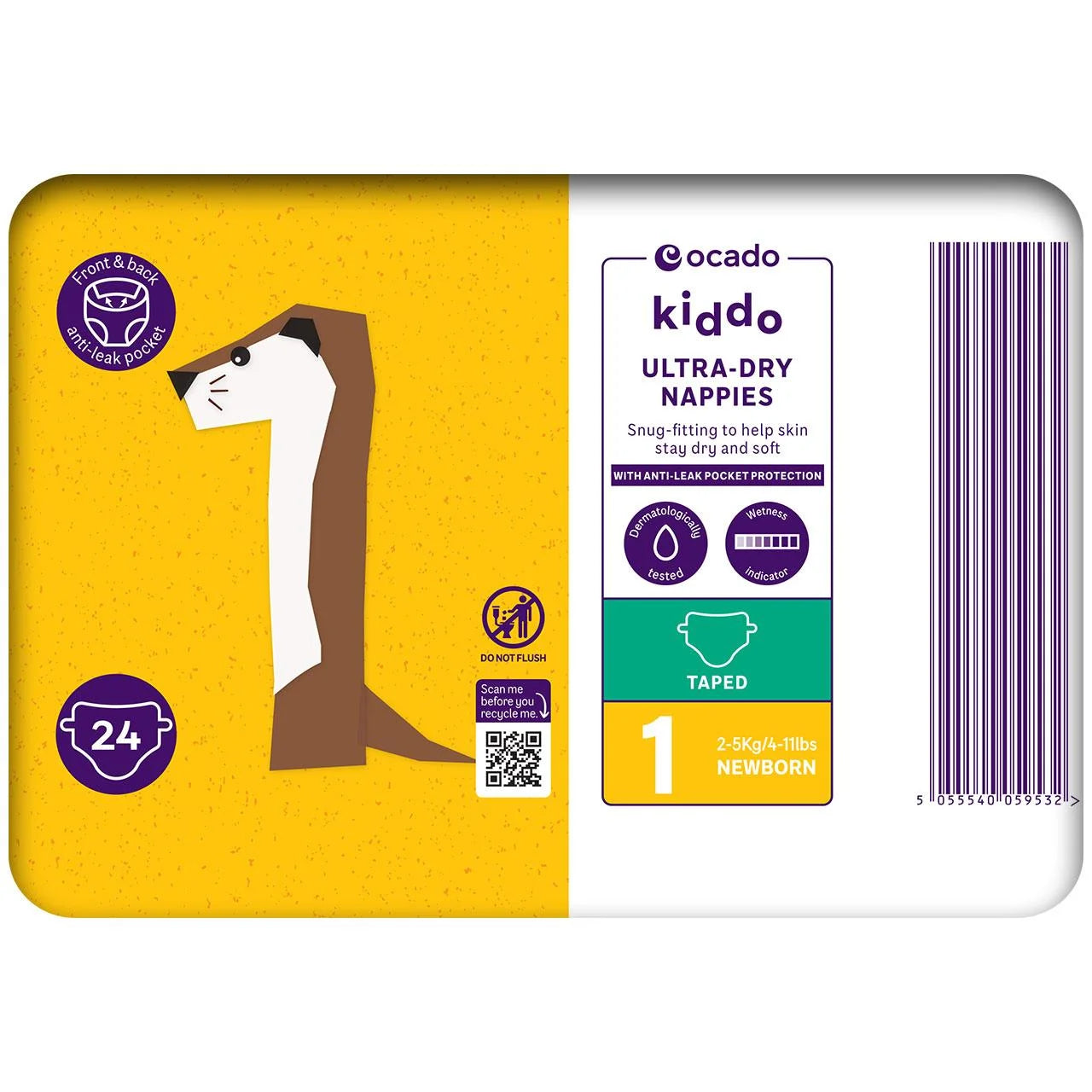Ocado Kiddo Ultra-Dry Nappies Size 1 (2-5kg) 24 per pack