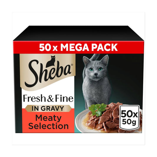 Sheba Fresh & Fine Wet Cat Food Pouches Meaty Pieces in Gravy 50 x 50g