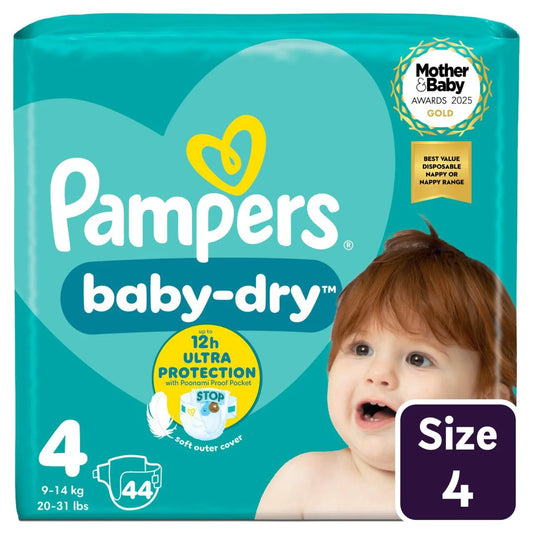 Pampers Baby-Dry Nappies, Size 4 (9-14kg) Essential 44 per Pack