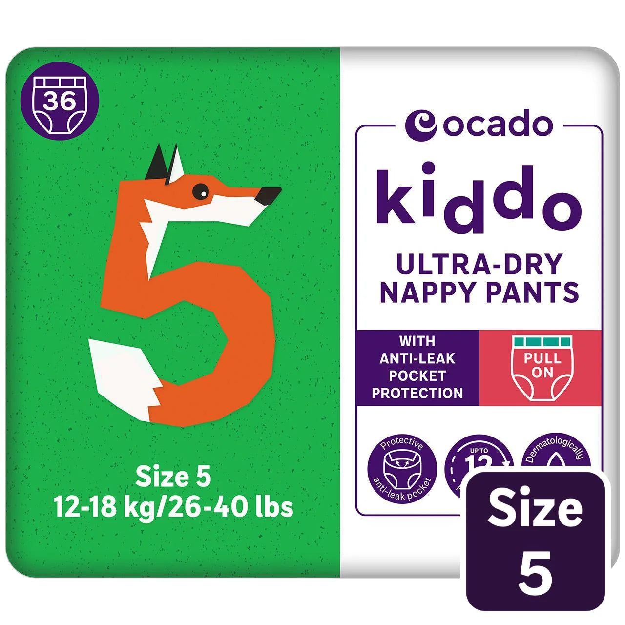 Ocado Kiddo Ultra-Dry Nappy Pants Size 5 (12-18kg) 36 per pack
