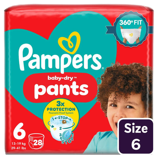 Pampers Baby-Dry Nappy Pants, Size 6 (15kg+) Essential 28 per Pack