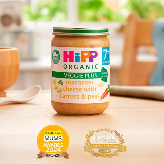 HiPP Organic Macaroni Cheese with Carrots & Peas Baby Food Jar 7+ Months 190g
