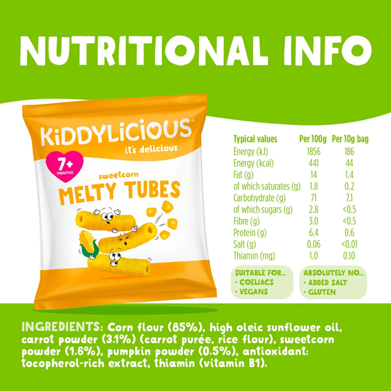 Kiddylicious Sweetcorn Melty Tubes Multipack 7+ Months 4 x 10g