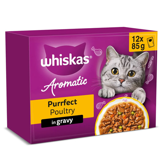 Whiskas 1+ Wet Cat Food Pouches Aromatic Poultry in Gravy 12 x 85g