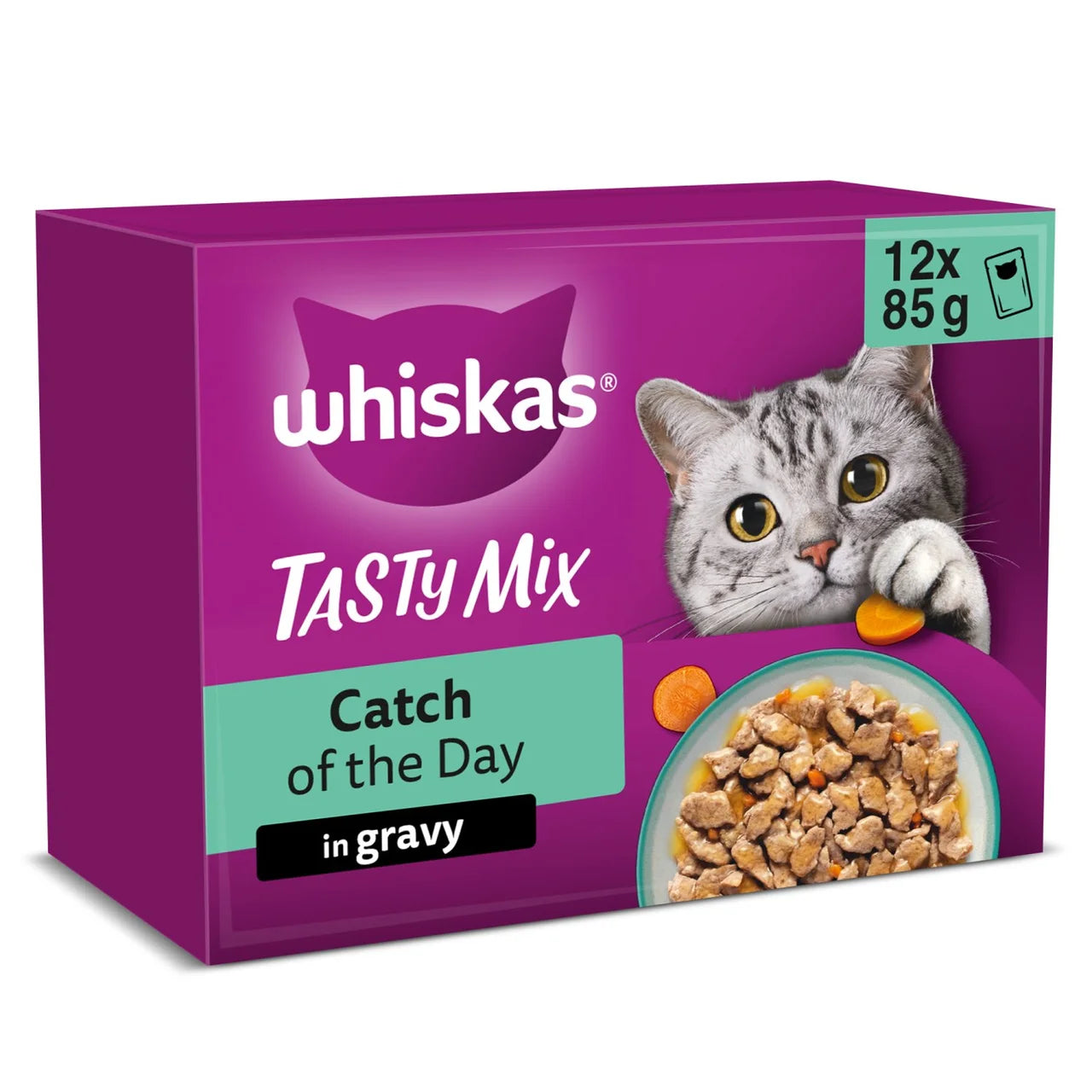 Whiskas 1+ Tasty Mix Catch of the Day Adult Wet Cat Food Pouches in Gravy 12 x 85g