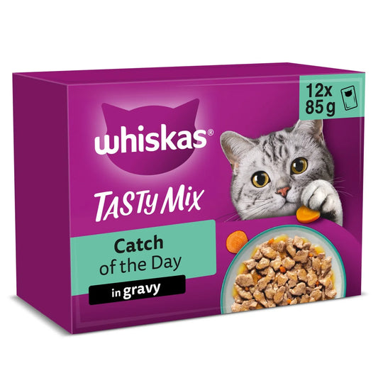 Whiskas 1+ Tasty Mix Catch of the Day Adult Wet Cat Food Pouches in Gravy 12 x 85g
