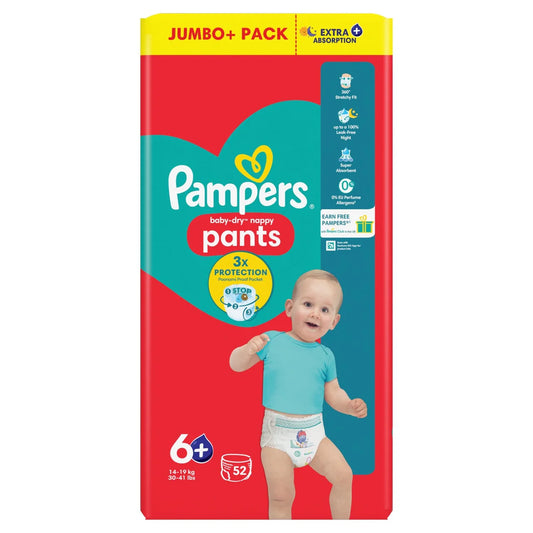 Pampers Baby-Dry Nappy Pants Size 6+ Extra Absorption Jumbo+ 52 per Pack