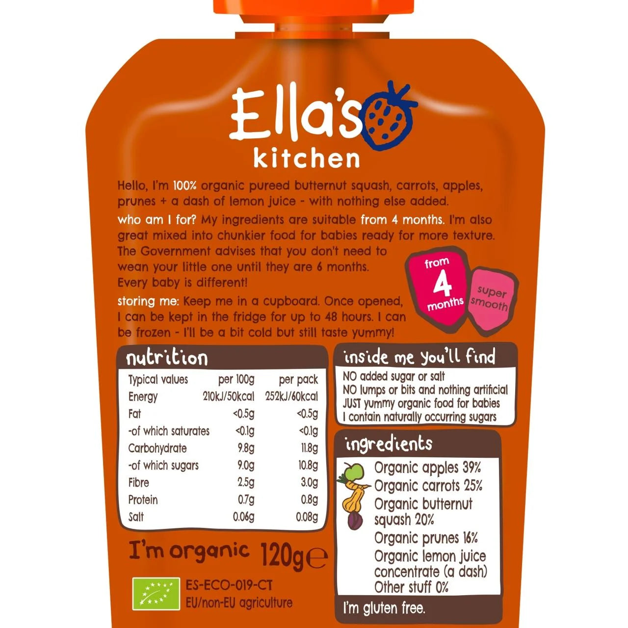 Ella's Kitchen Squash, Carrots, Apples & Prunes Baby Food Pouch 4+ Months 120g