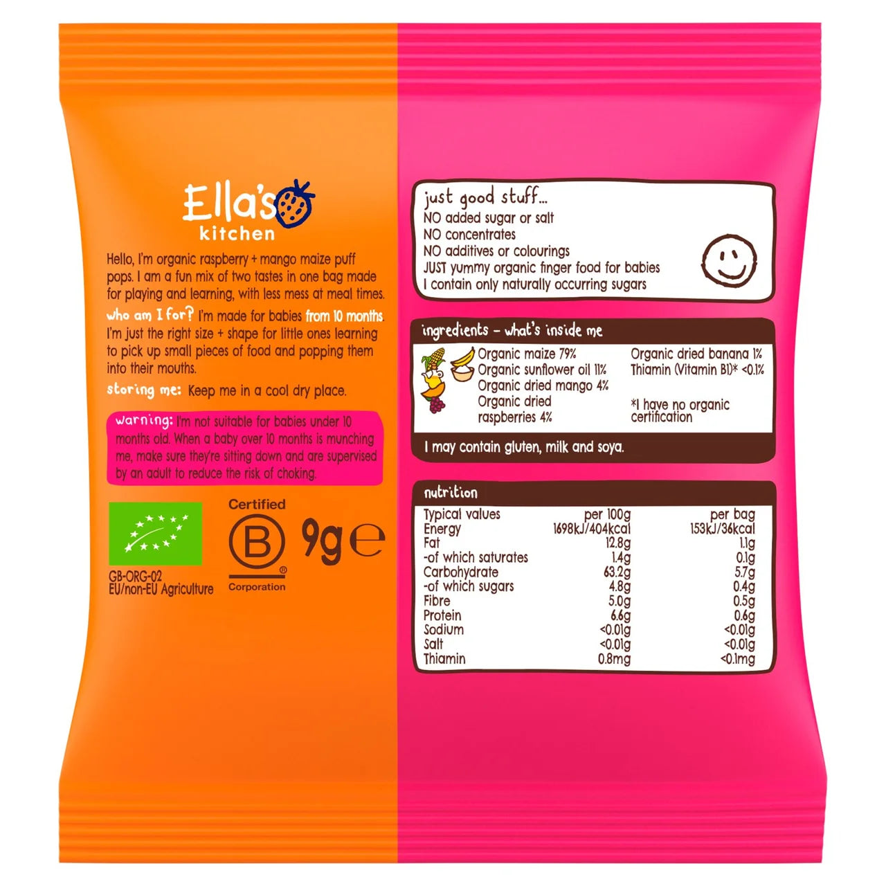 Ella's Kitchen Raspberry & Mango Puff Pops Multipack Baby Snack 10+ Months 4 x 9g