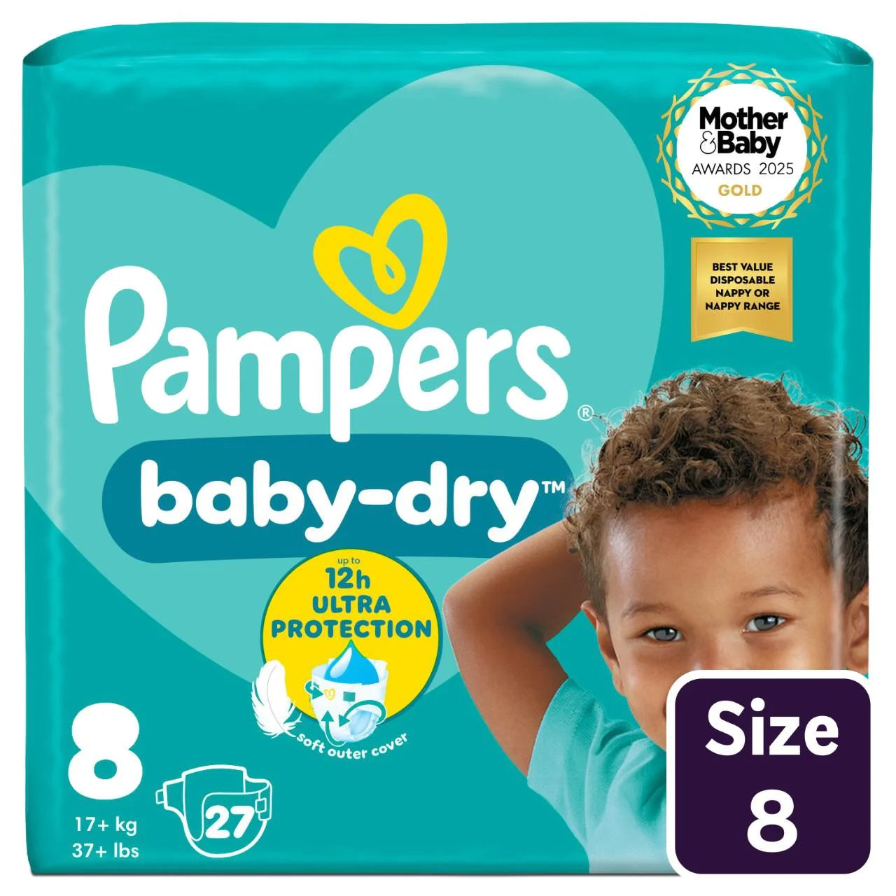 Pampers Baby-Dry Nappies, Size 8 (17kg+) Essential 27 per Pack