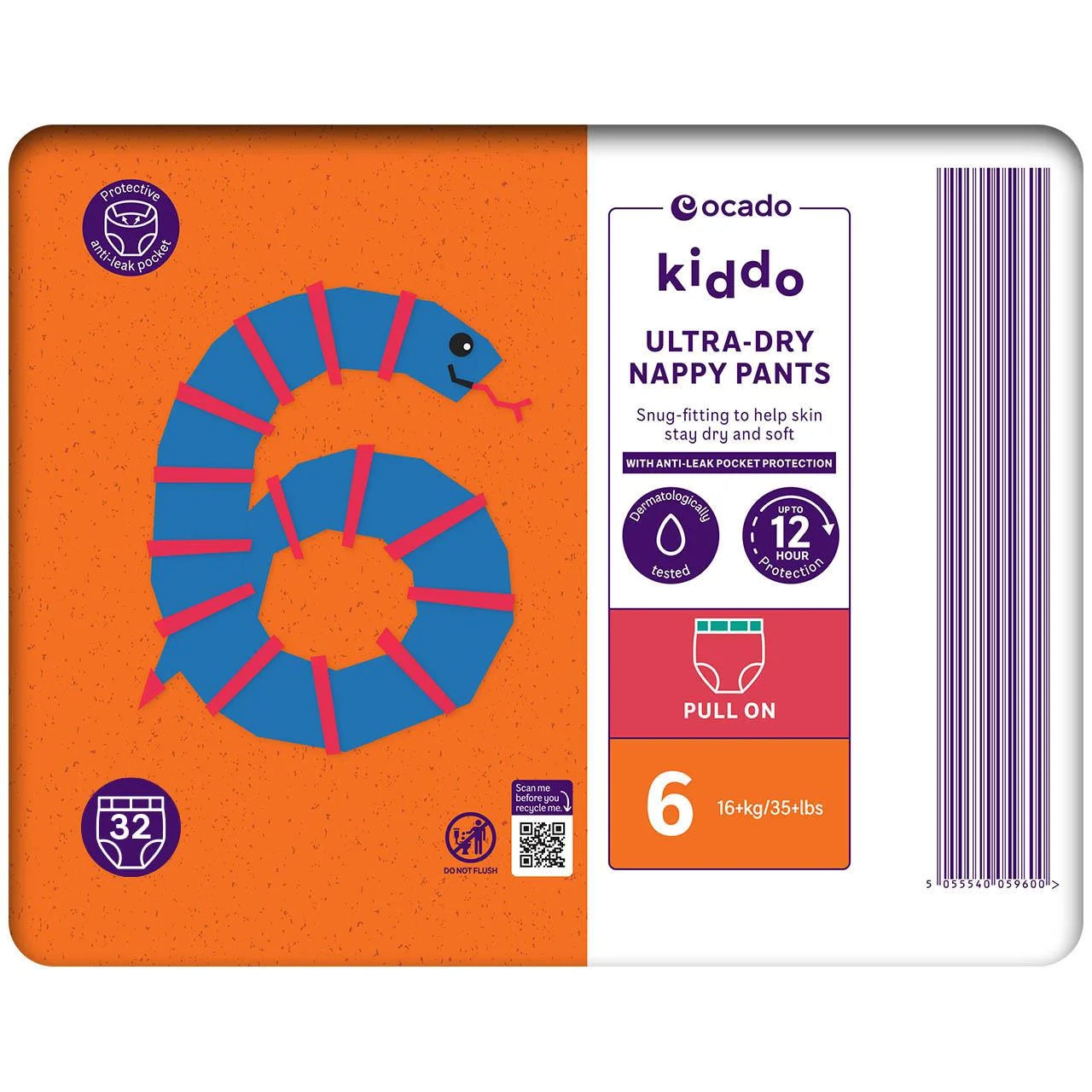Ocado Kiddo Ultra-Dry Nappy Pants Size 6 (16kg+) 32 per pack