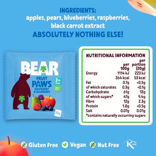 BEAR Raspberry & Blueberry Fruit Paws Kids Snack Multipack 5 x 20g