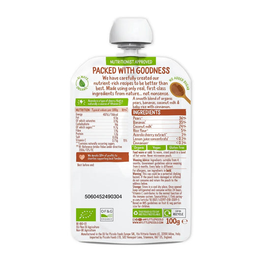 Piccolo Pear, Banana, Coconut Milk & Baby Rice Organic Pouch, 4 mths+ 100g