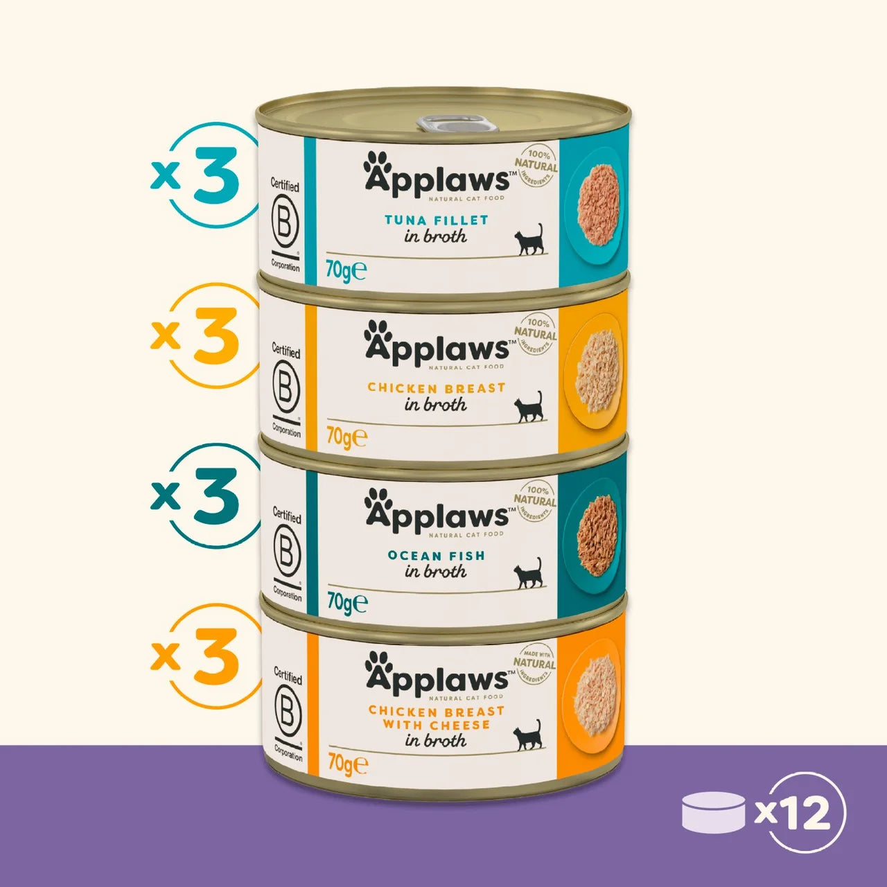 Applaws Natural Wet Cat Food Multipack Tins Variety Selection in Broth 12 x 70g