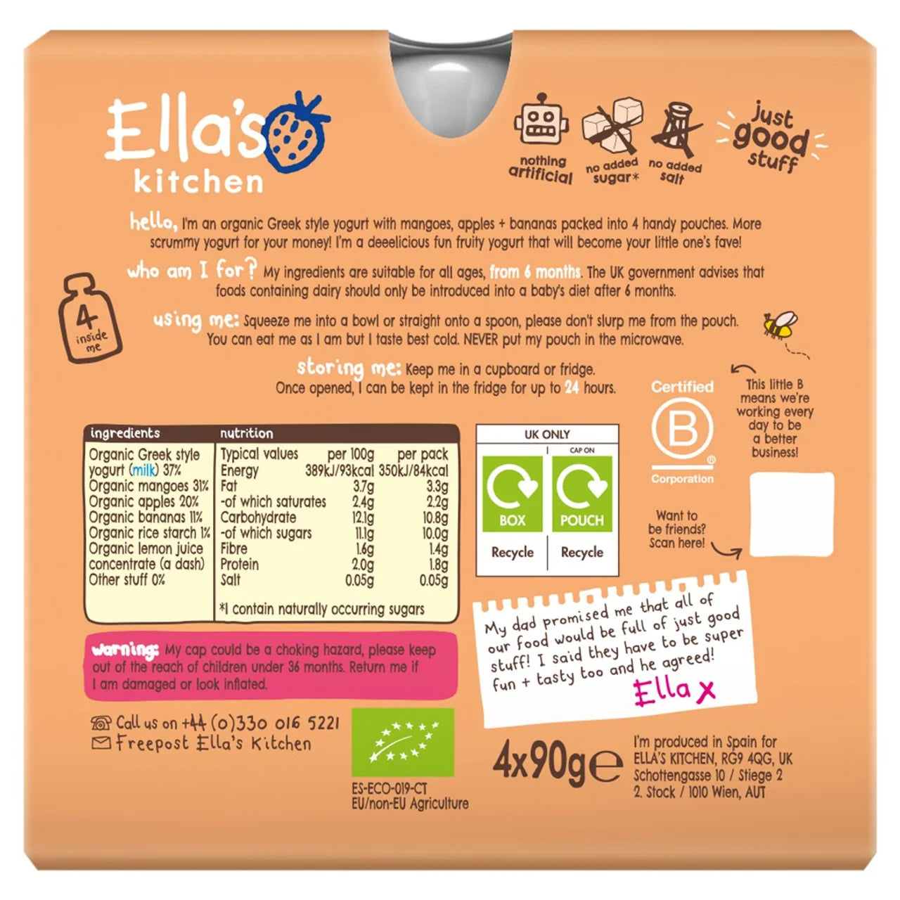Ella's Kitchen Mango Greek Style Yogurt Baby Pouch Multipack 6+ Months 4 x 90g