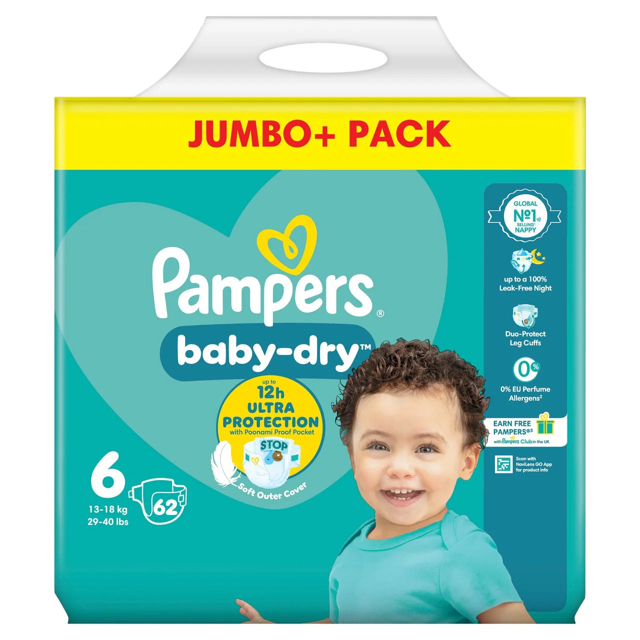 Pampers Baby-Dry Nappies, Size 6 (13-18kg) Jumbo+ 62 per  Pack