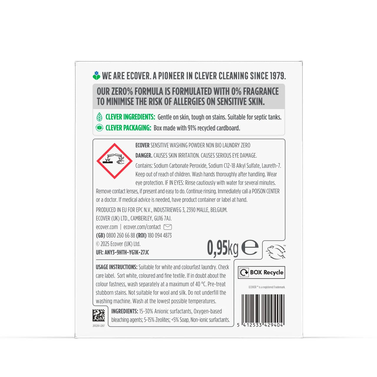 Ecover Concentrated Non Bio Zero Laundry Powder 19 Washes 950g