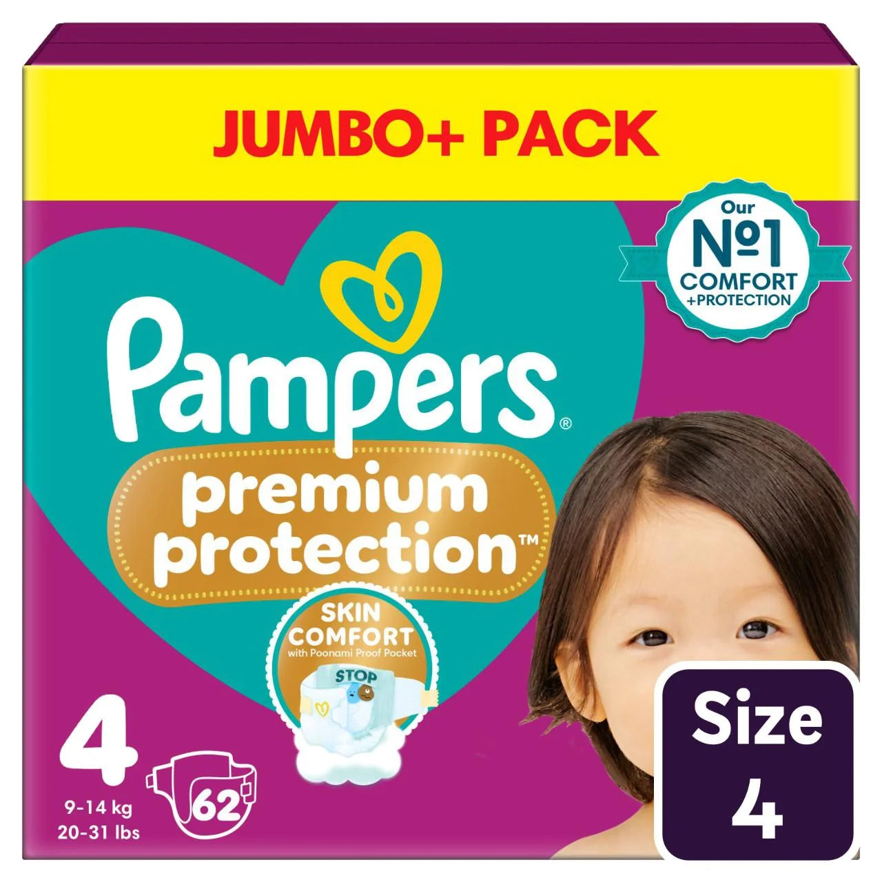 Pampers Premium Protection Nappies, Size 4 (9-14kg) Jumbo+ 62 per Pack