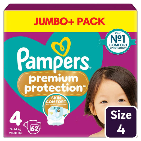 Pampers Premium Protection Nappies, Size 4 (9-14kg) Jumbo+ 62 per Pack