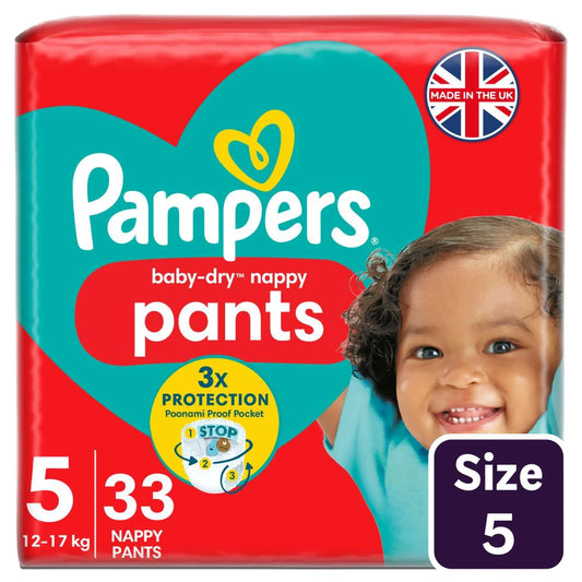 Pampers Baby-Dry Nappy Pants, Size 5 (12-17kg) Essential 33 per pack