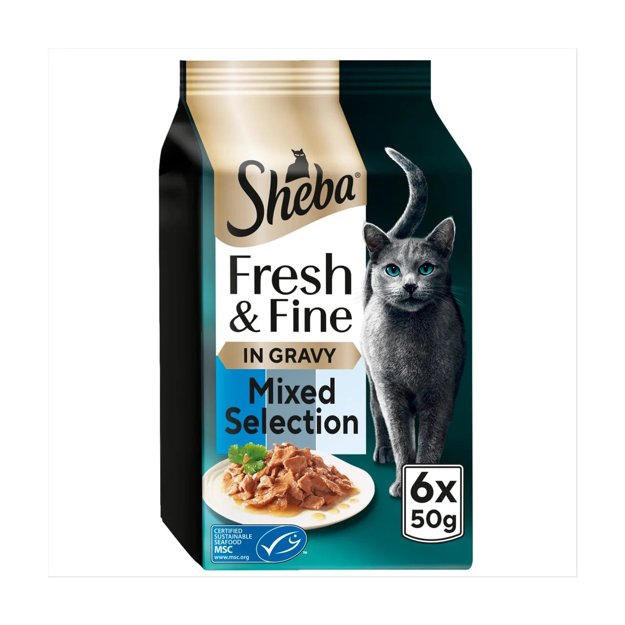 Sheba Fresh & Fine Cat Pouches with Tuna & Cod & Whitefish in Gravy 6 x 50g