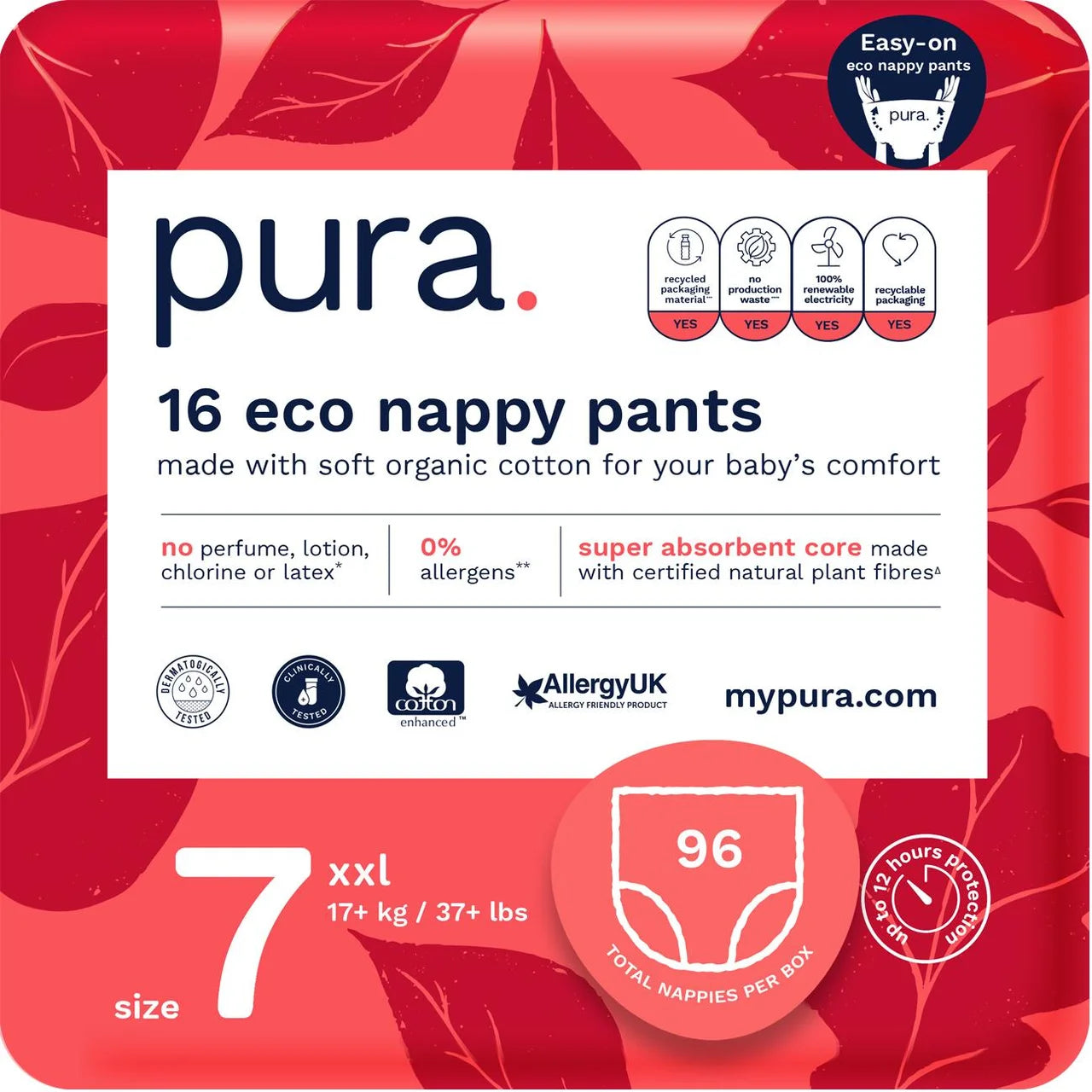 Pura High Performance Eco Nappy Pants Size 7 (17+ kg) Mega 6 x 16 per Pack