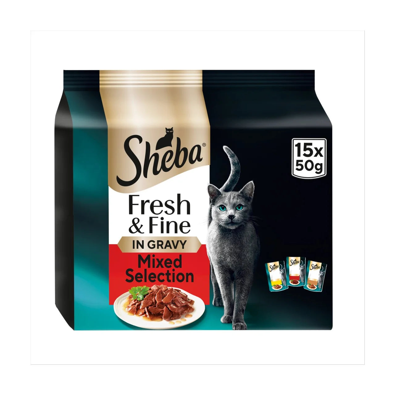 Sheba Fresh & Fine Wet Cat Food Pouches Meaty Pieces in Gravy  15 x 50g