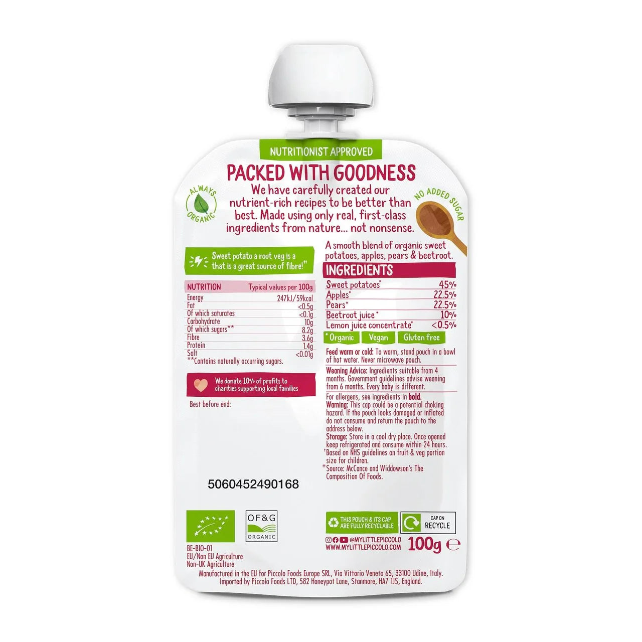 Piccolo Sweet Potato & Beetroot Baby Food Pouch 4+ Months 100g