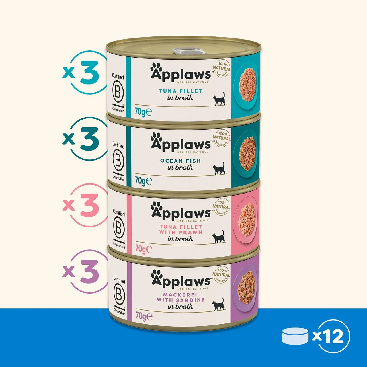 Applaws Natural Wet Cat Food Multipack Tins Fish Selection in Broth 12 x 70g